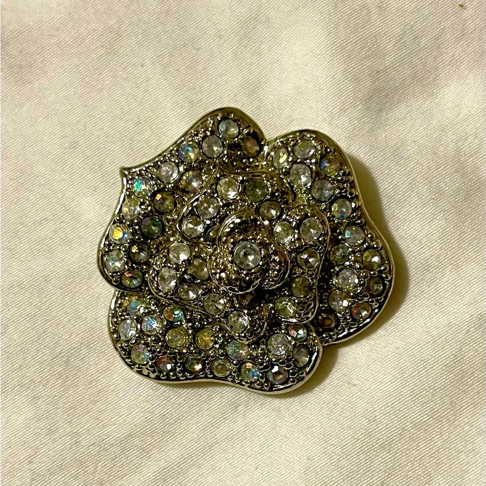 Rhinestone Silver Tone Rose Brooch